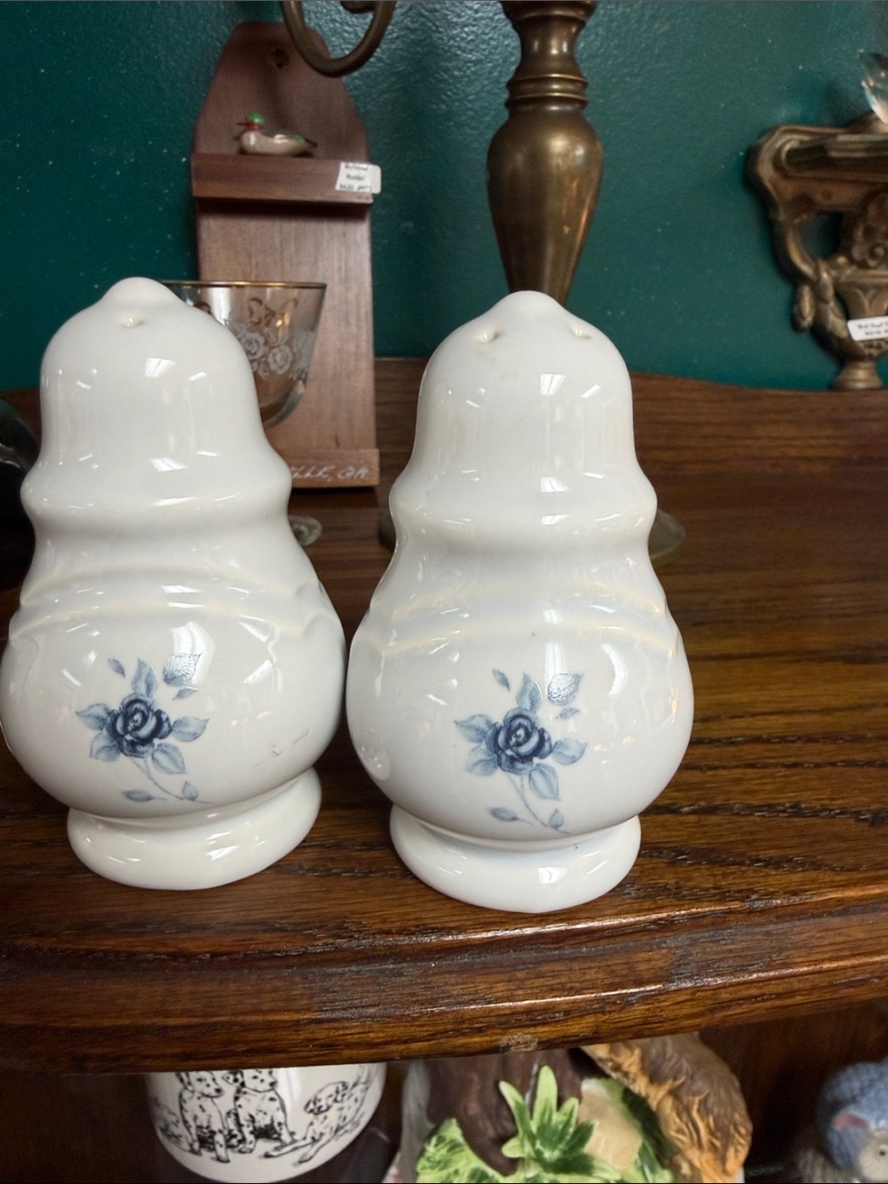 Pfaltzgraff White Ceramic Salt and Pepper Shakers with Blue Floral Design
